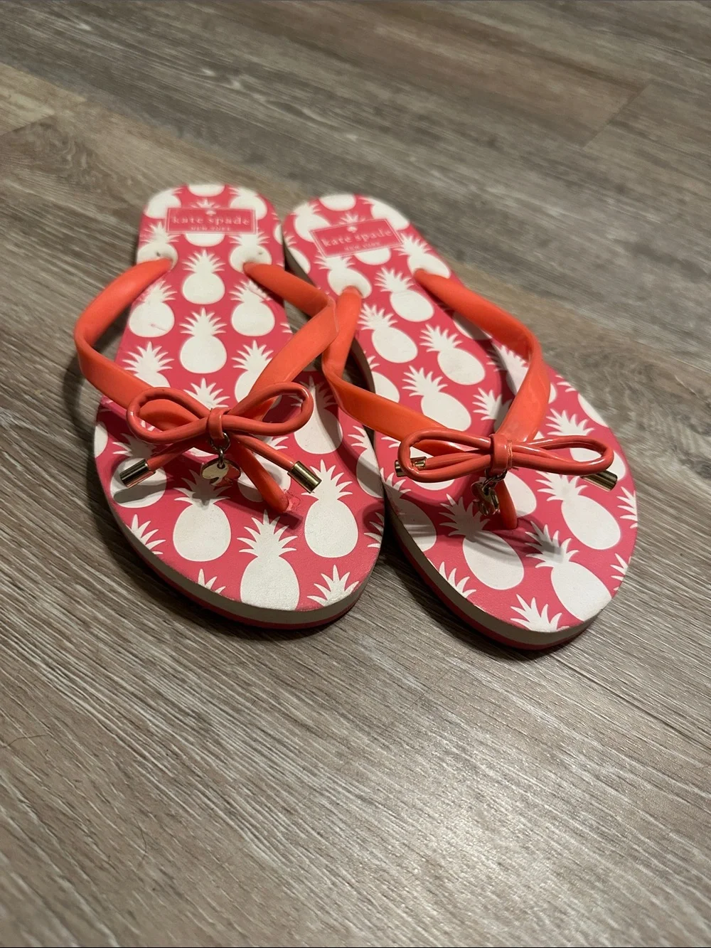 kate spade Coral and White Pineapple Print Bow Flip Flops